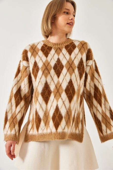 Crewneck Split Gebreide Trui in Baklava Patroon - Image 3