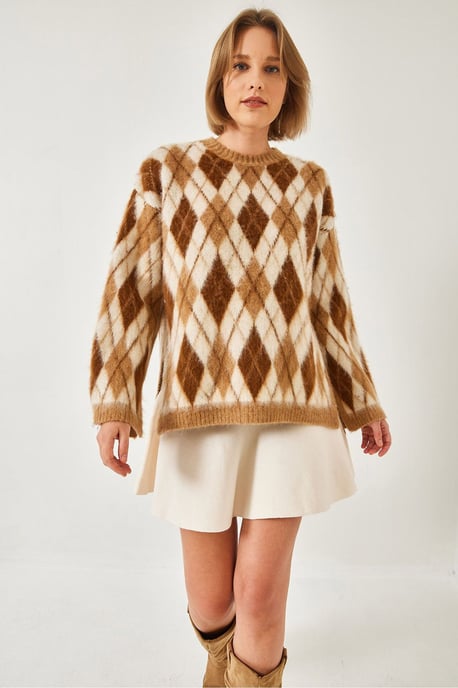 Crewneck Split Gebreide Trui in Baklava Patroon - Image 4