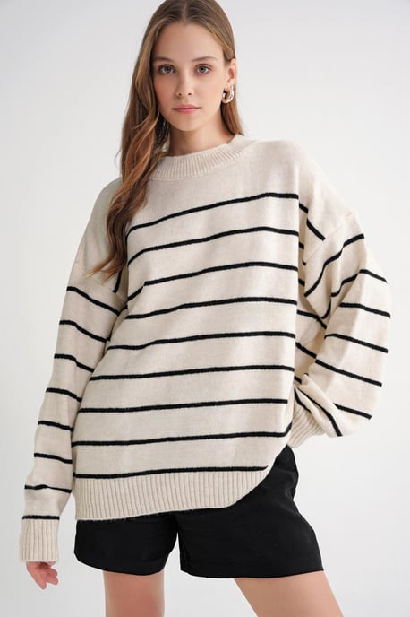 Randig Crew Neck Avslappnad Stickad Tröja - Image 1