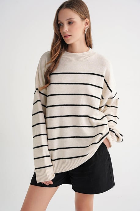 Randig Crew Neck Avslappnad Stickad Tröja - Image 3