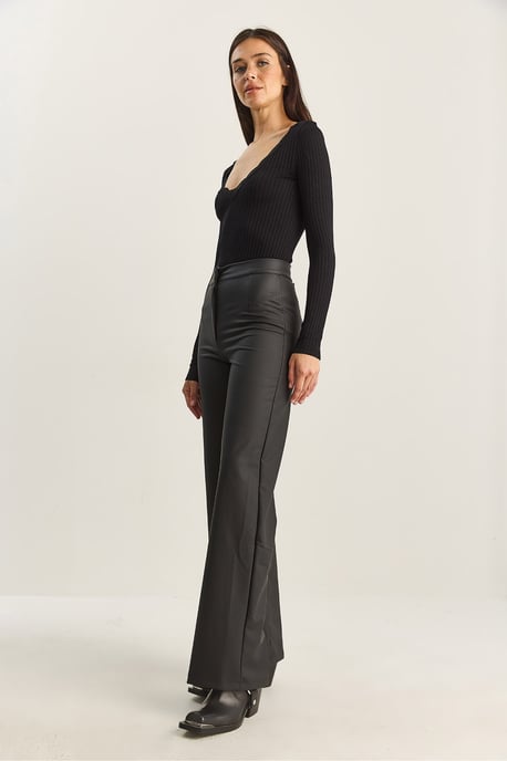 Hoge Taille Wijde Pijpen Nepleer Broek - Image 4