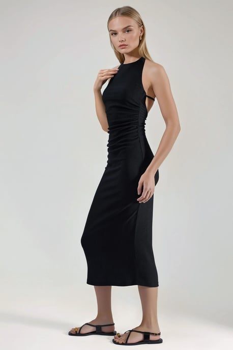 Gestructureerde Midi Bodycon Jurk met Halterkraag - Image 2