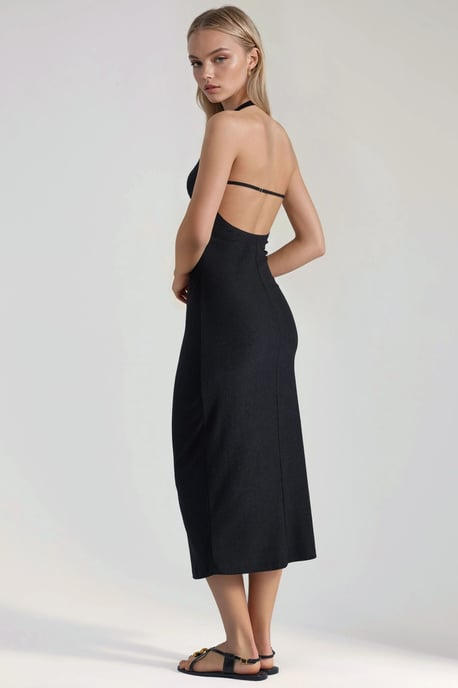 Gestructureerde Midi Bodycon Jurk met Halterkraag - Image 3
