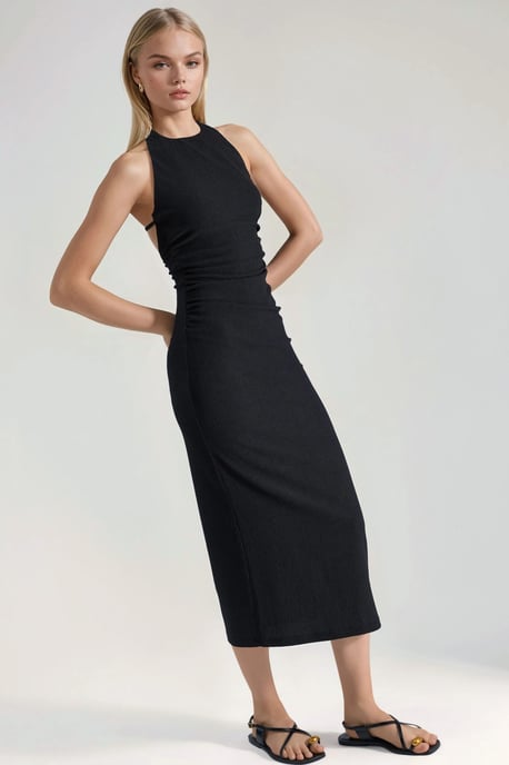 Gestructureerde Midi Bodycon Jurk met Halterkraag - Image 4