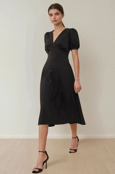 V-hals Puff Mouw A-Lijn Crepe Midi Jurk - Image 1