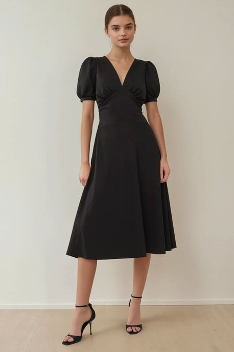 V-hals Puff Mouw A-Lijn Crepe Midi Jurk - Image 2