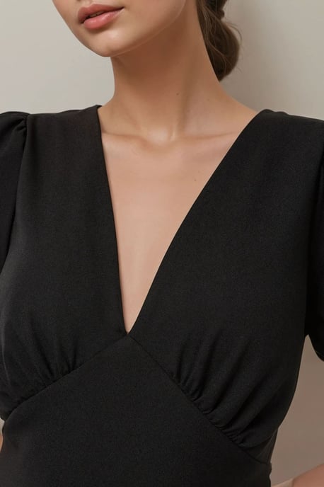 V-hals Puff Mouw A-Lijn Crepe Midi Jurk - Image 3