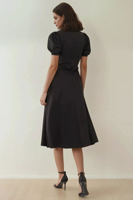 V-hals Puff Mouw A-Lijn Crepe Midi Jurk - Image 4