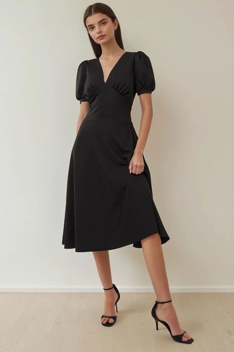 V-hals Puff Mouw A-Lijn Crepe Midi Jurk - Image 5