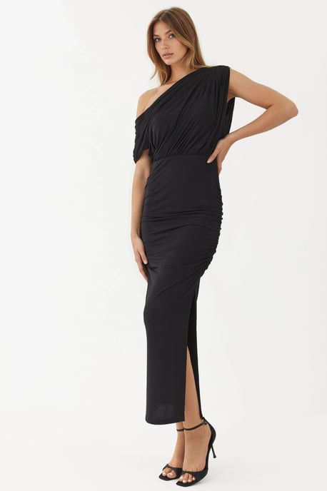 Slit Detailed Asymmetrical Collar Elastic Midi Wrap Dress - Image 1