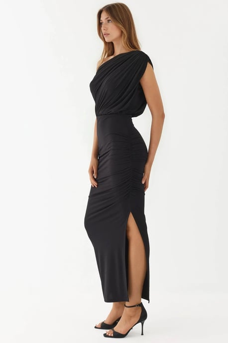 Slit Detailed Asymmetrical Collar Elastic Midi Wrap Dress - Image 2