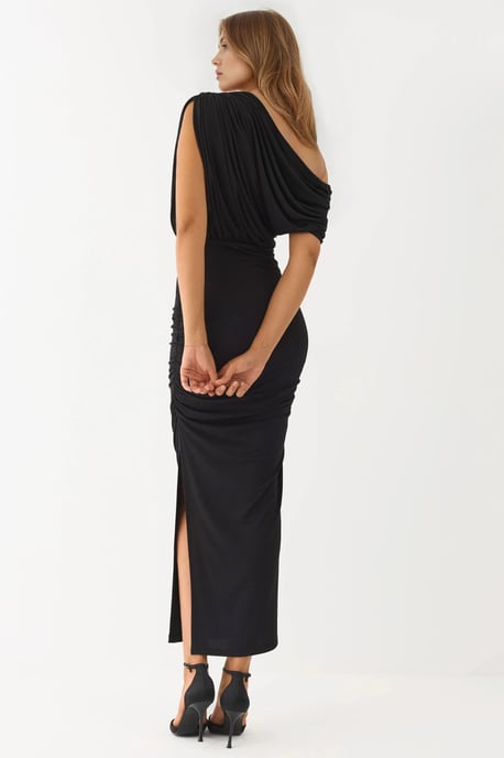 Slit Detailed Asymmetrical Collar Elastic Midi Wrap Dress - Image 3