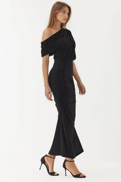 Slit Detailed Asymmetrical Collar Elastic Midi Wrap Dress - Image 5