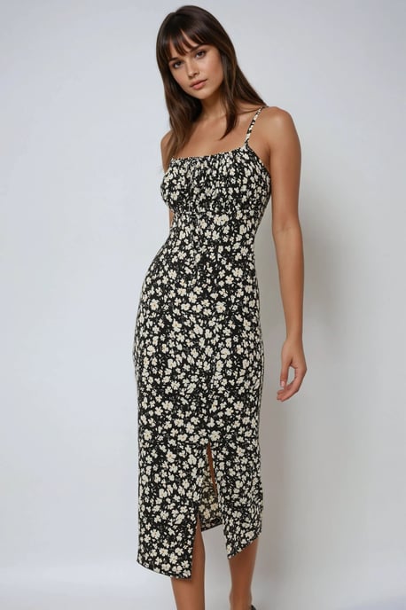 Allover Bloemenprint Bodycon Midi Jurk met Split - Image 1
