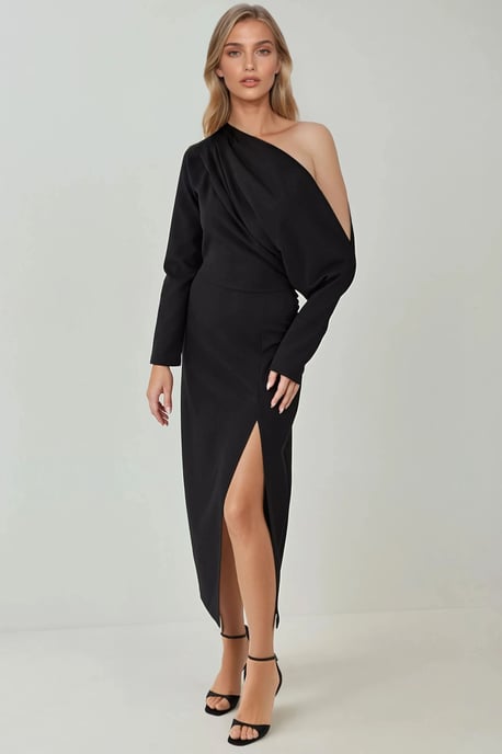 Asymmetrische Kraag Bodycon Midi Jurk met Splits - Image 4