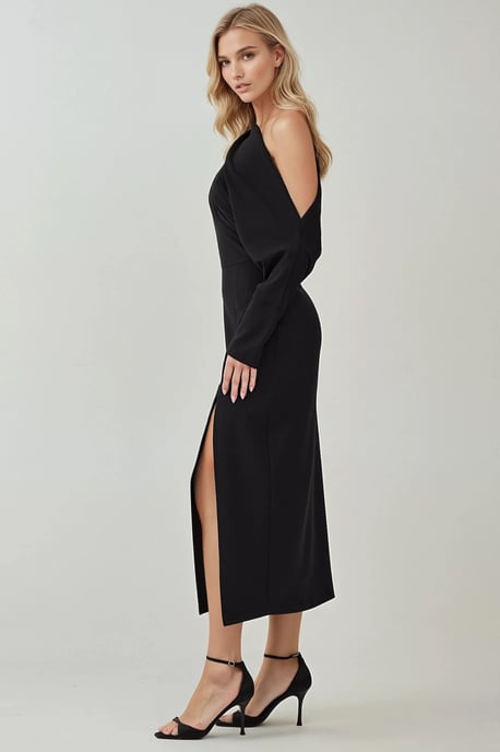 Asymmetrische Kraag Bodycon Midi Jurk met Splits - Image 5