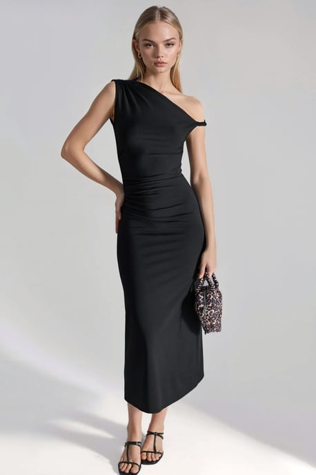 Asymmetrische Kraag Bodycon Midi Jurk - Image 1