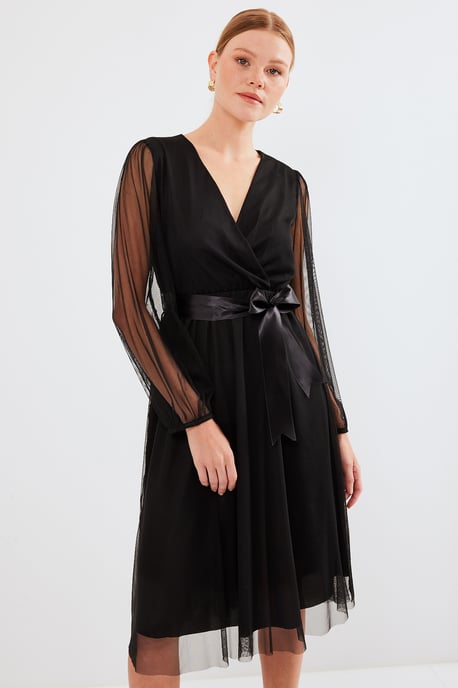 Midi Tule Jurk met Strik en V-hals - Image 1