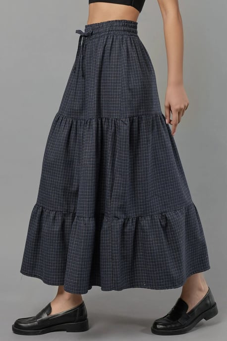 Elastische Taille Gecontroleerde Geknoopte Laagjes Maxi Rok - Image 1