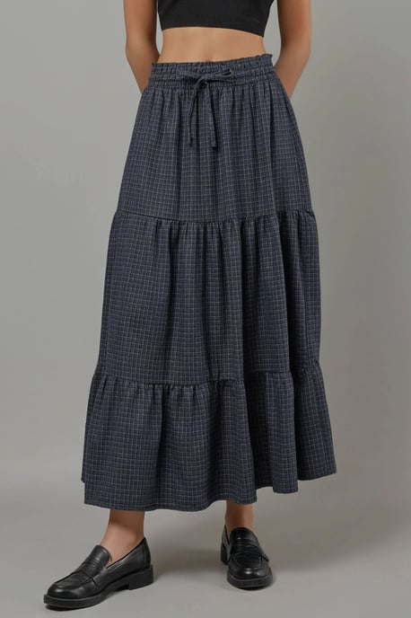 Elastische Taille Gecontroleerde Geknoopte Laagjes Maxi Rok - Image 3