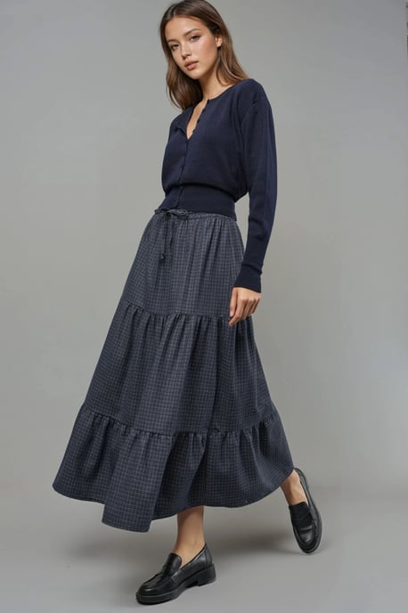 Elastische Taille Gecontroleerde Geknoopte Laagjes Maxi Rok - Image 4