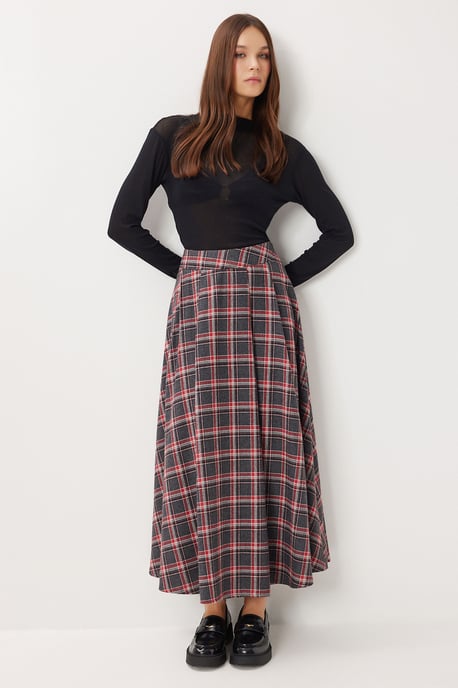 Geruite Hoge Taille Plissé Midi Rok - Image 3