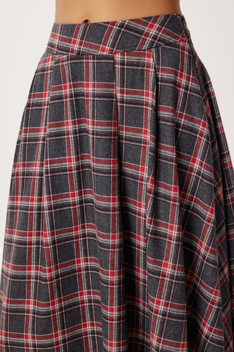 Geruite Hoge Taille Plissé Midi Rok - Image 5