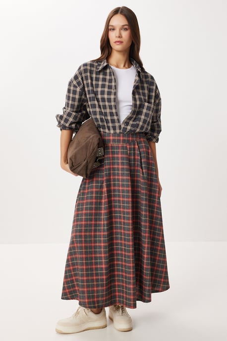 Geruite Hoge Taille Plissé Midi Rok - Image 2