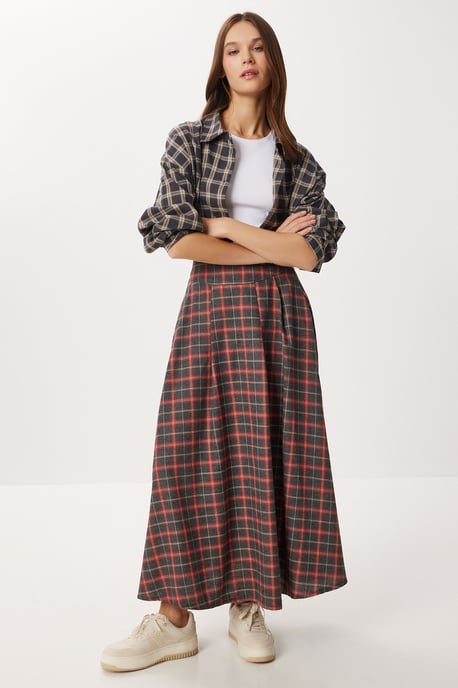 Geruite Hoge Taille Plissé Midi Rok - Image 3