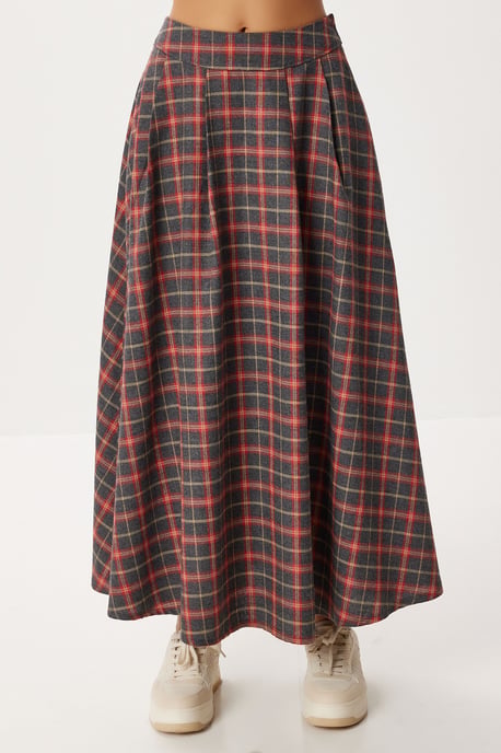 Geruite Hoge Taille Plissé Midi Rok - Image 4