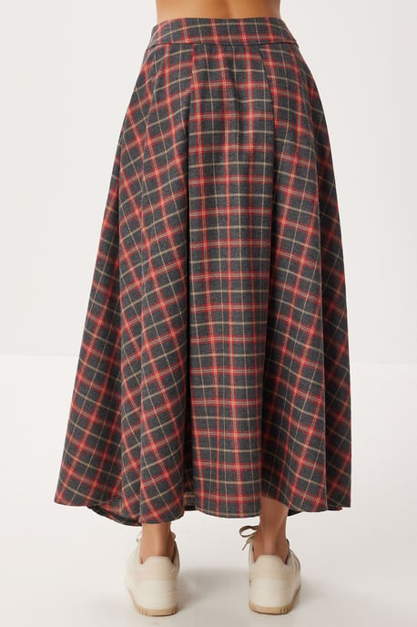 Geruite Hoge Taille Plissé Midi Rok - Image 5