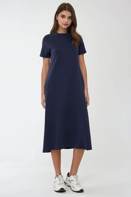 Crew Neck Korte Mouwen Basis Midi Jurk - Image 1