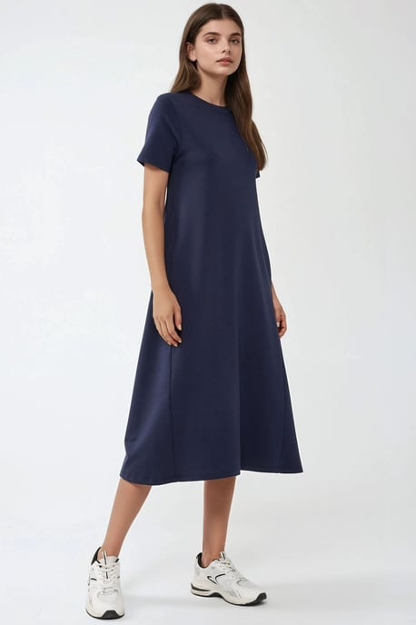 Crew Neck Korte Mouwen Basis Midi Jurk - Image 3