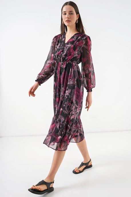 V-Neck Midi Dress with Button Closure - Image 1