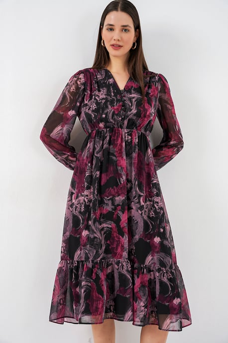 V-Neck Midi Dress with Button Closure - Image 2