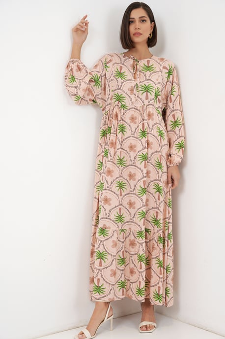Tropical Printed Maxi Dress with Button Closure - Image 1