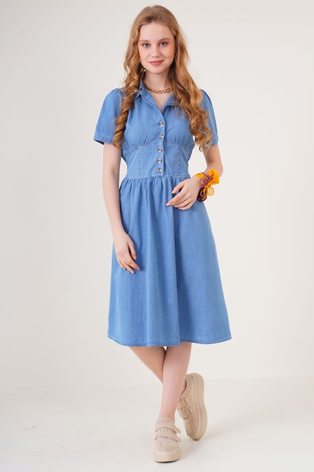 Denim Midi-jurk met Shirtkraag en Knopenluiting - Image 3