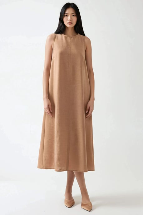 Linnenachtig Mouwloos Crew Neck Midi-jurk - Image 1
