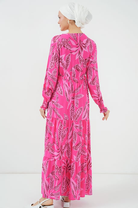 Bladprint Lange Mouwen Gelaagde Maxi Jurk - Image 6
