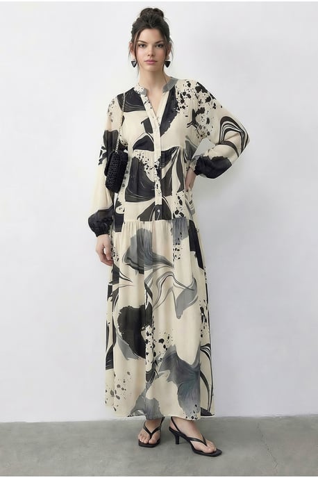 Abstract V-hals Midi Jurk met Lange Mouwen - Image 3