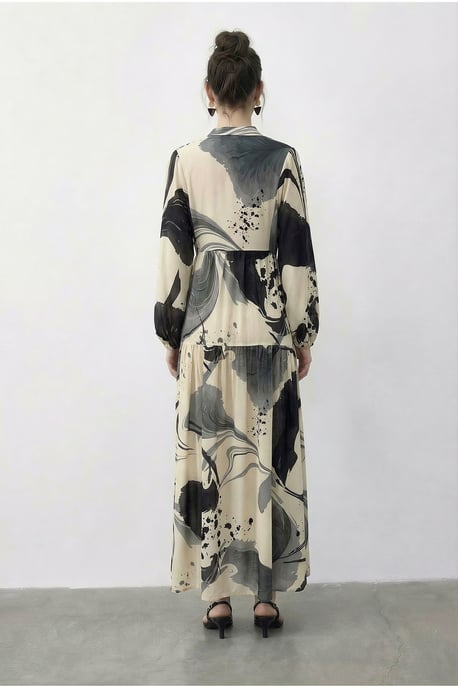 Abstract V-hals Midi Jurk met Lange Mouwen - Image 4