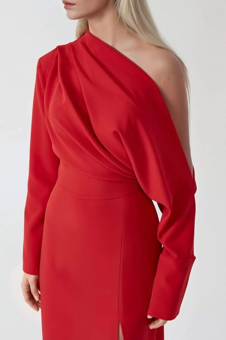 Asymmetrische Kraag Bodycon Midi Jurk met Splits - Image 3