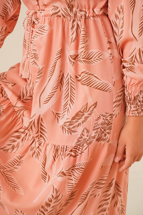 Leaf Print Long Sleeve Tiered Maxi Dress - Image 4