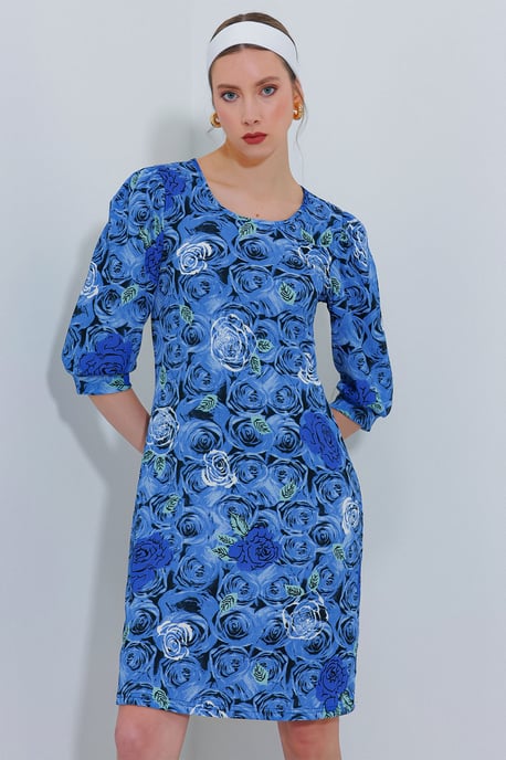 Geborduurd Bloemen Midi-jurk met Driekwart Mouwen - Image 1