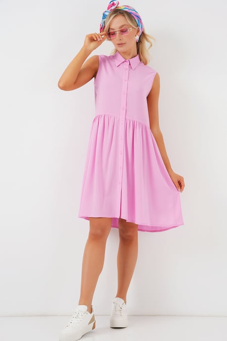 Mouwloze Midi-jurk met Knoopsluiting en Hemdkragen - Image 3