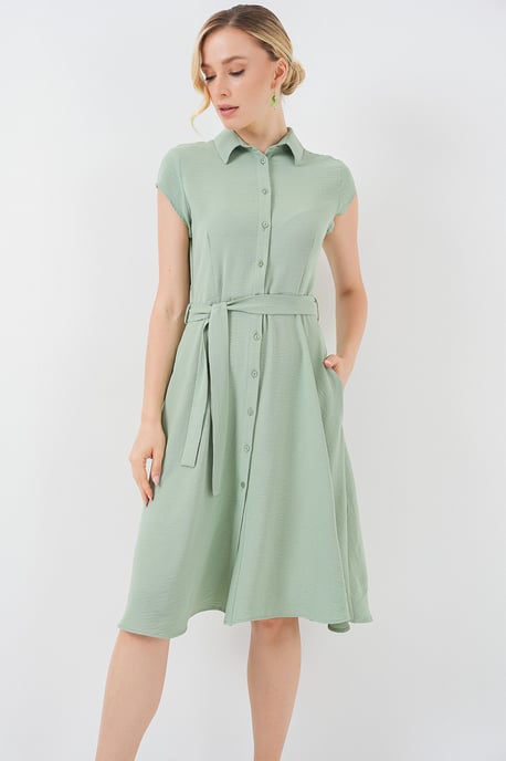 Geknoopte Hemd Kraag A-Form Midi Jurk met Binddetails - Image 2