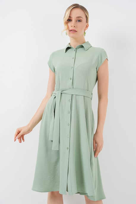 Geknoopte Hemd Kraag A-Form Midi Jurk met Binddetails - Image 3
