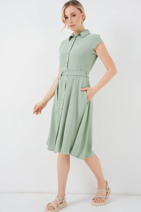 Geknoopte Hemd Kraag A-Form Midi Jurk met Binddetails - Image 4