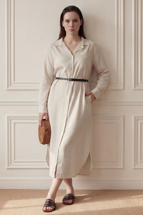 Linen Blend Midi Dress with Button Closure and Pocket - Image 1