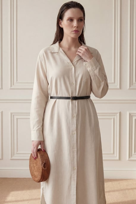 Linen Blend Midi Dress with Button Closure and Pocket - Image 3
